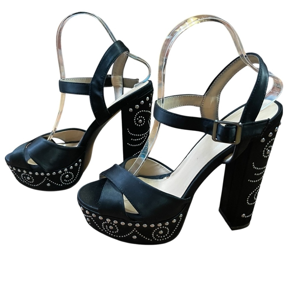 Chic Black Satin Platform Heel Sandals with Silver Studded‎ Accents Ankle strap
